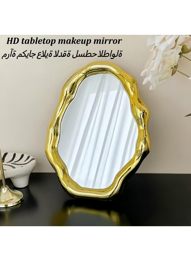 Tabletop Mirror, Bedroom Household Makeup Mirror, Aesthetic Free-Standing Vanity Mirror, Desktop Vanity Mirror for Bedroom, Living Room, Office Desk (27 x 21 cm, Gold) - Image 1